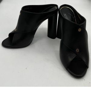 Tom Ford Black Leather Peep Toe Cut-Out Mule Block Heel w/ Gold Ornament sz 9B